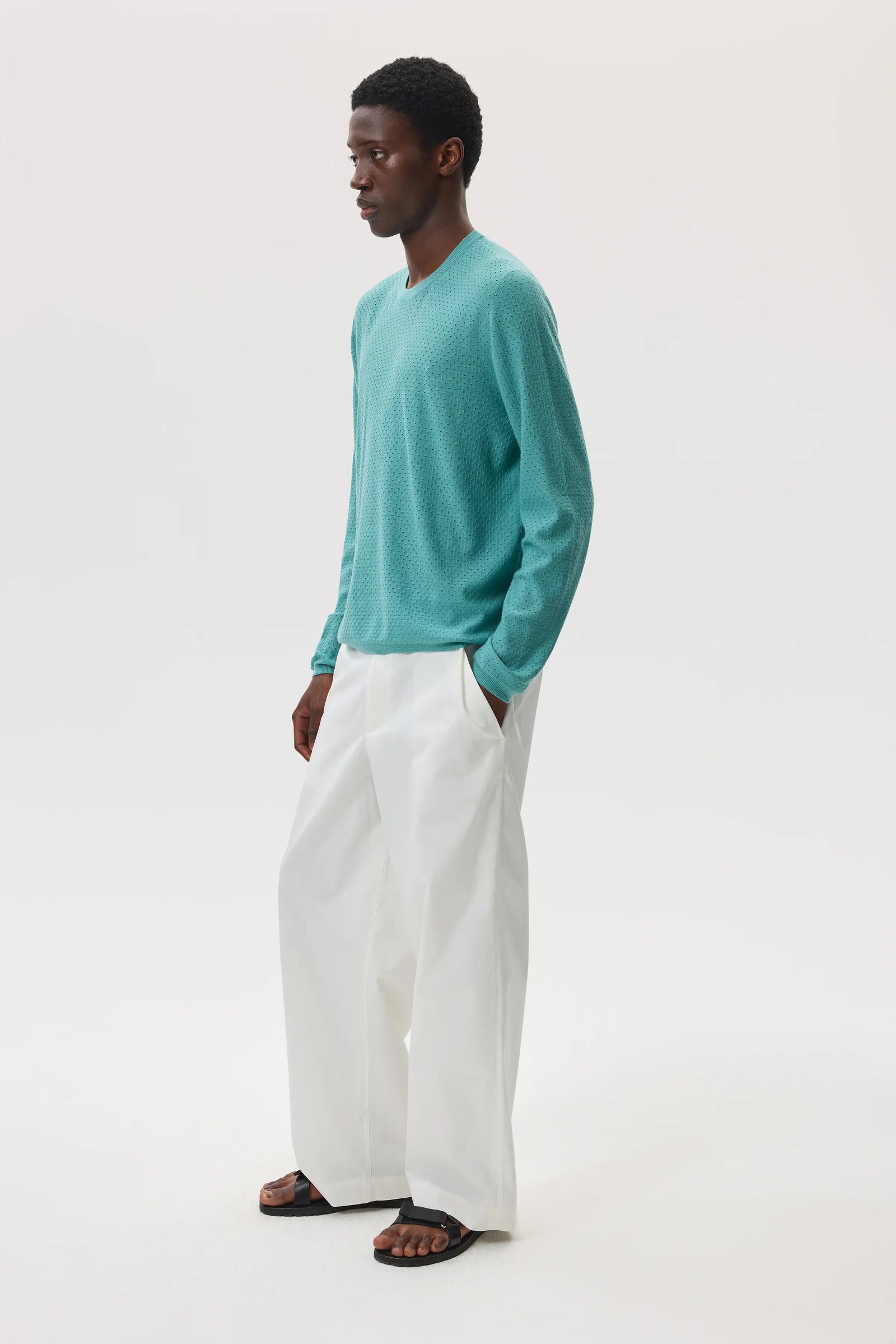 Superfine Merino Mesh Green Crew Neck Jumper