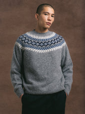 Yoke Fairisle Crew in Grey Brushed Pure Wool