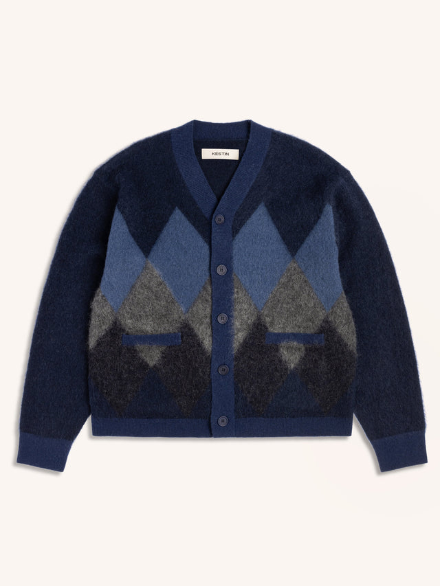 Muirfield Argyle Cardigan in Navy Brushed Mohair