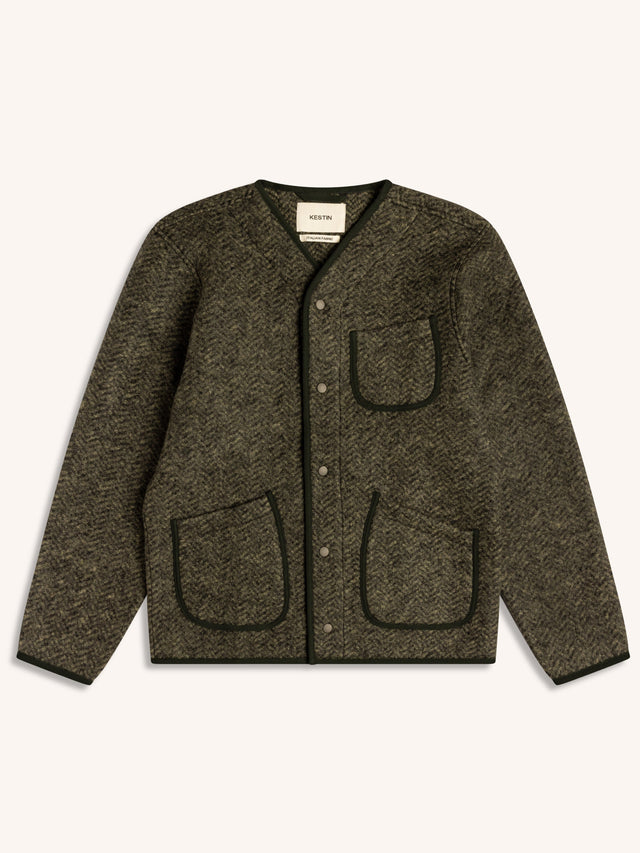 Neist Cardigan in Moss Wool Herringbone