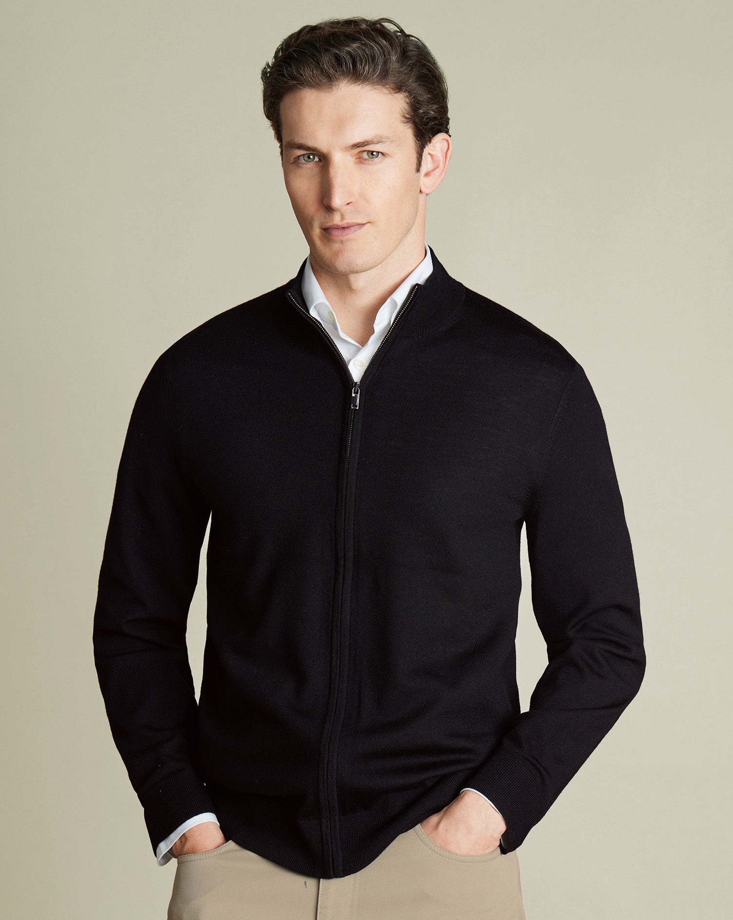 Pure Merino Full Zip Through Cardigan - Black
