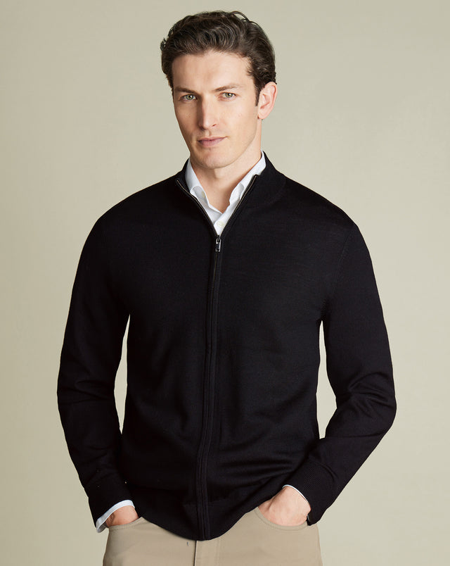 Pure Merino Full Zip Through Cardigan - Black