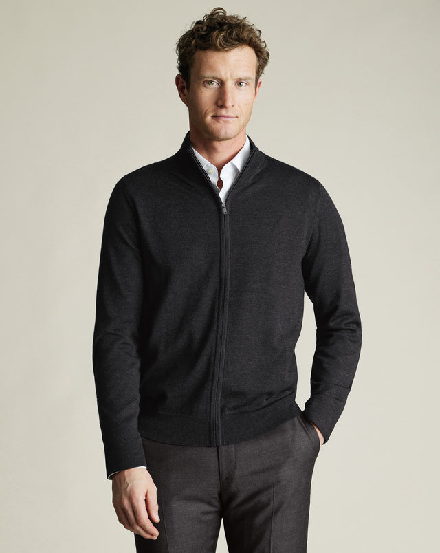 Pure Merino Full Zip-Through Cardigan - Charcoal Grey