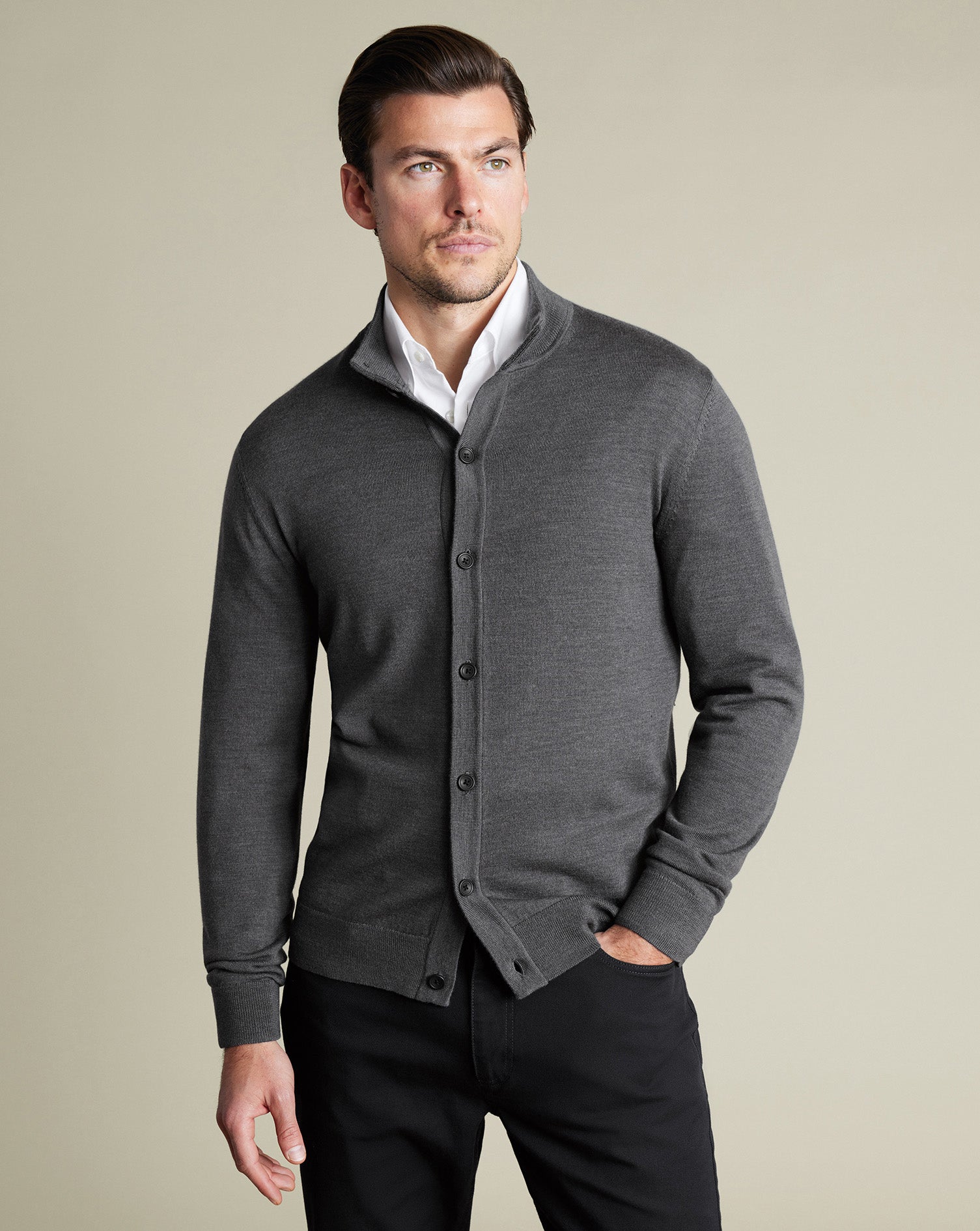 Pure Merino Button Through Funnel Neck Cardigan Gray
