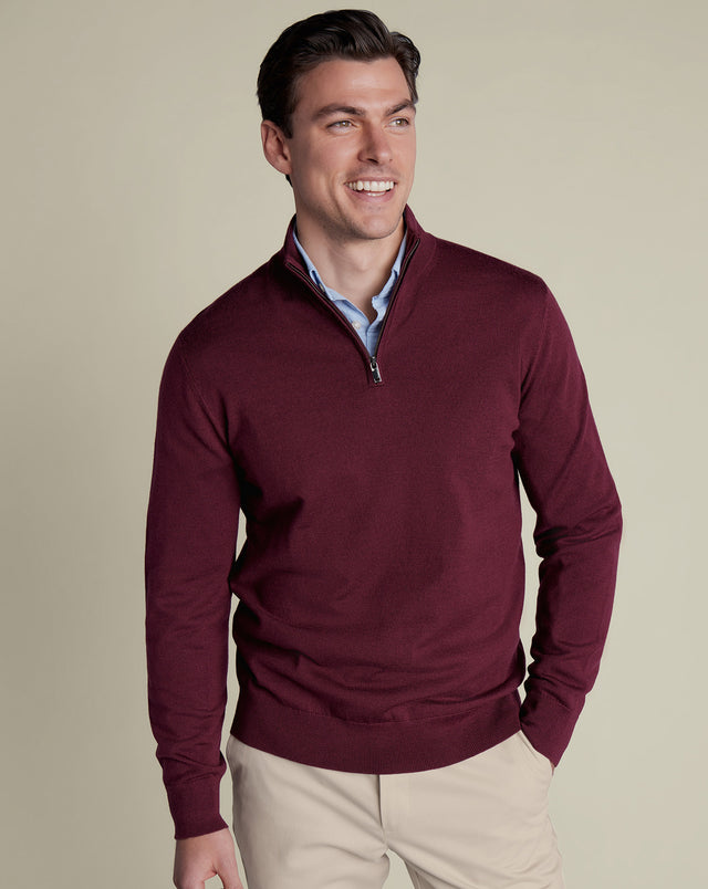 Pure Merino Zip Neck Jumper - Burgundy