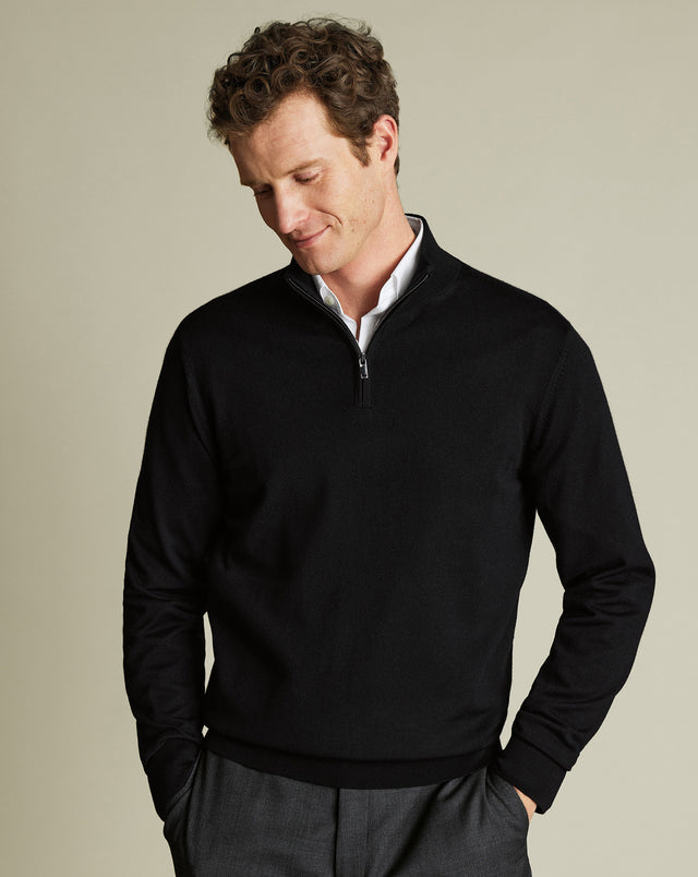 Pure Merino Zip Neck Jumper - Black