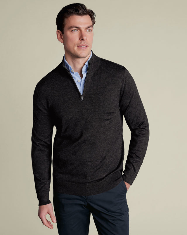 Pure Merino Zip Neck Jumper - Charcoal Grey