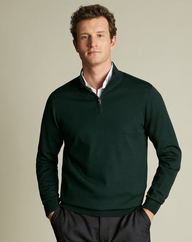 Pure Merino Quarter Zip Sweater - Forest Green
