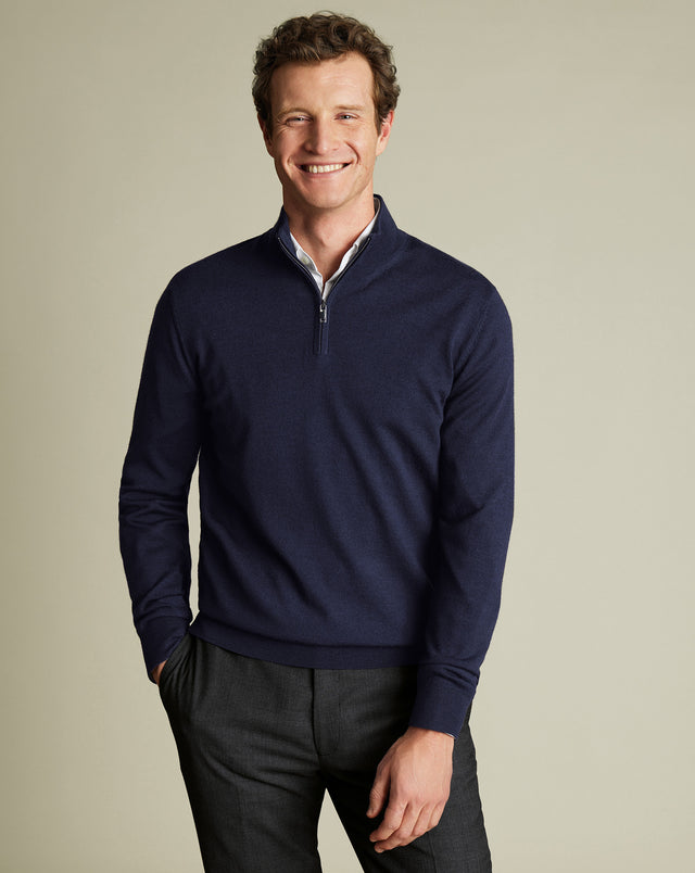 Pure Merino Quarter Zip Sweater - Navy