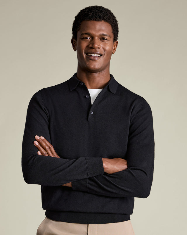 Pure Merino Knitted Polo - Black