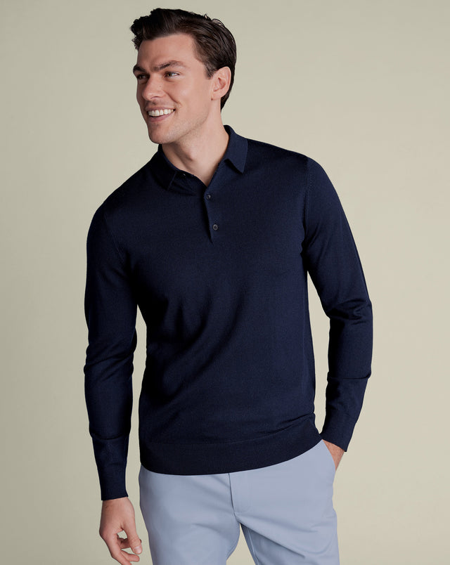 Pure Merino Knitted Polo - Navy