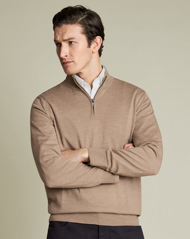 Pure Merino Zip Neck Jumper - Oatmeal