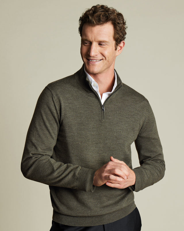 Pure Merino Quarter Zip Sweater - Olive Green Melange