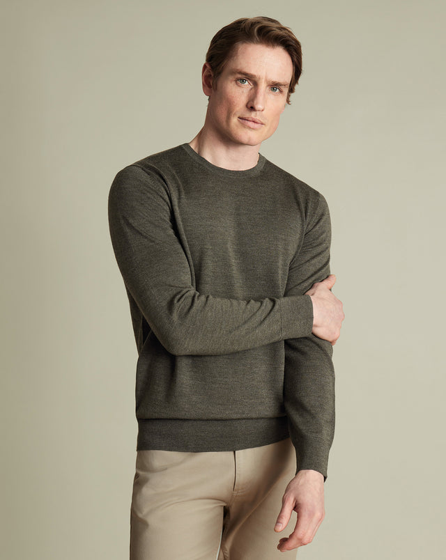 Merino Crew Neck Sweater - Olive Green