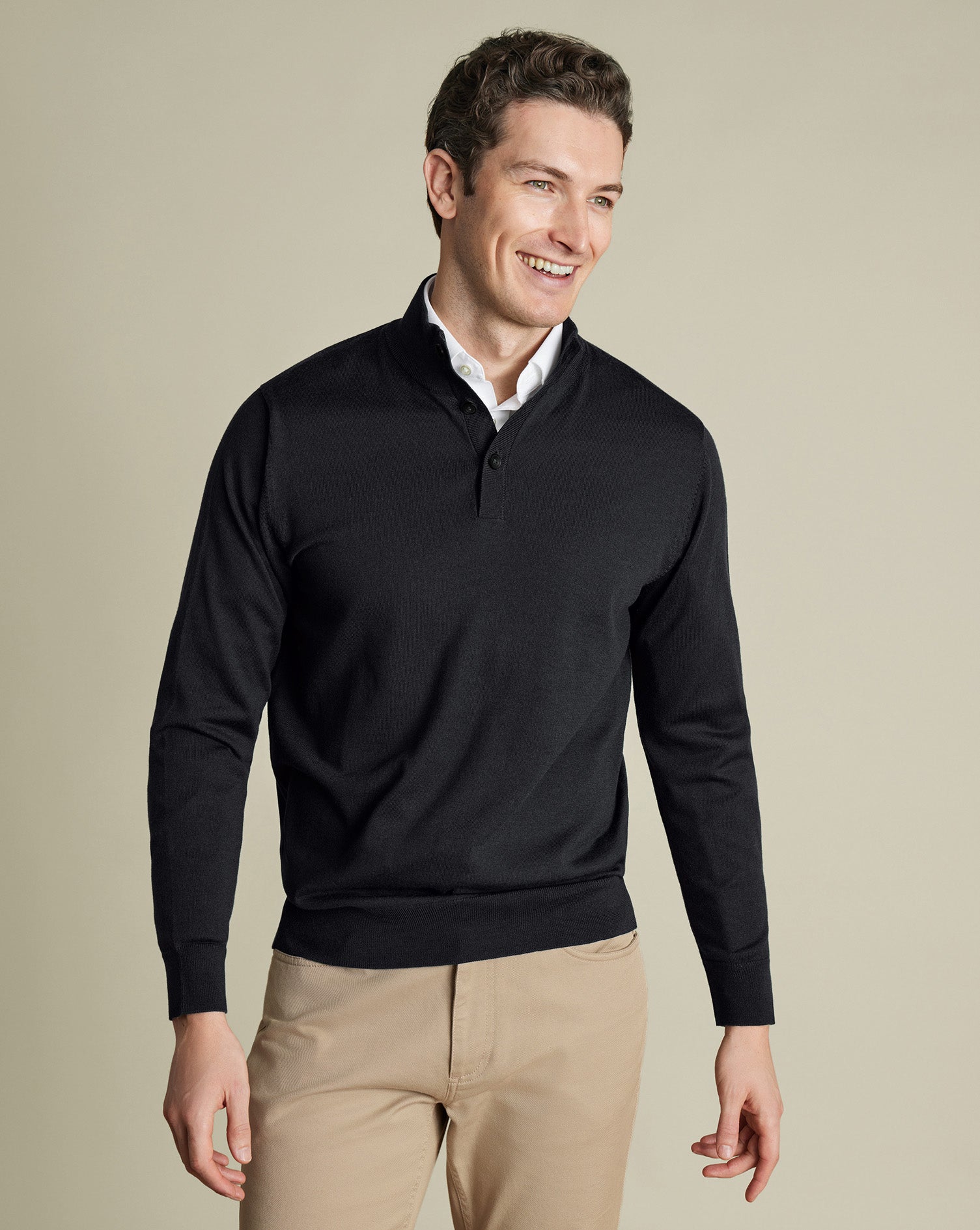 Pure Merino Button Neck Sweater - Dark Charcoal