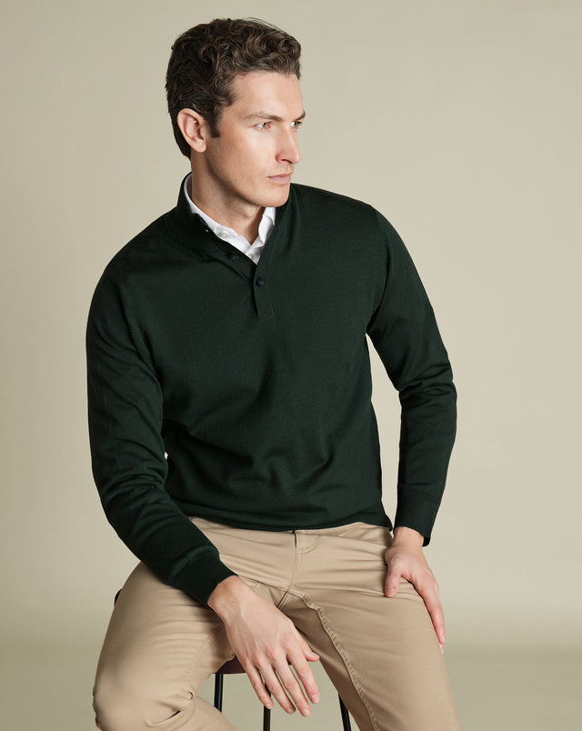 Pure Merino Button Neck Sweater - Forest Green