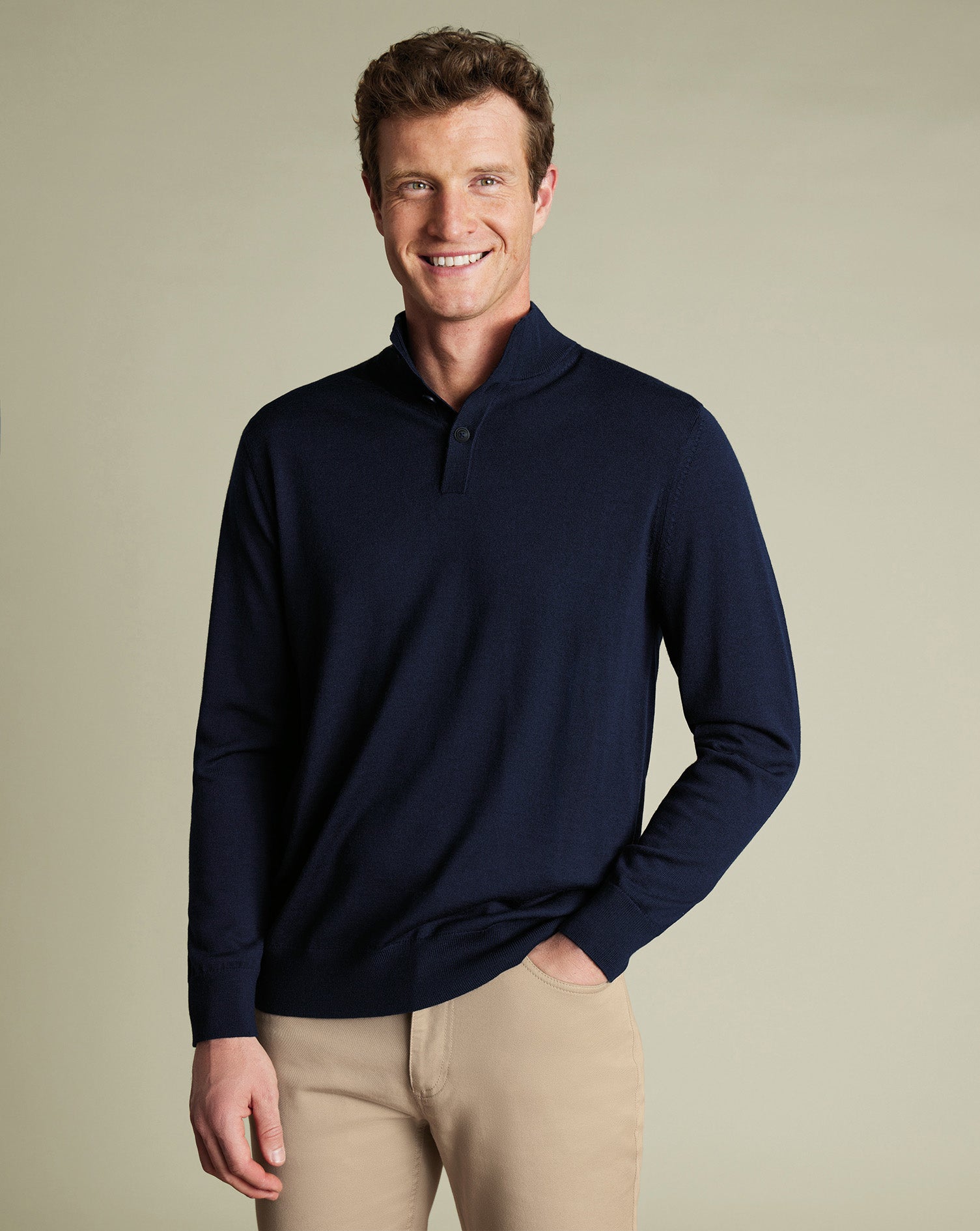 Pure Merino Button Neck Sweater - Navy