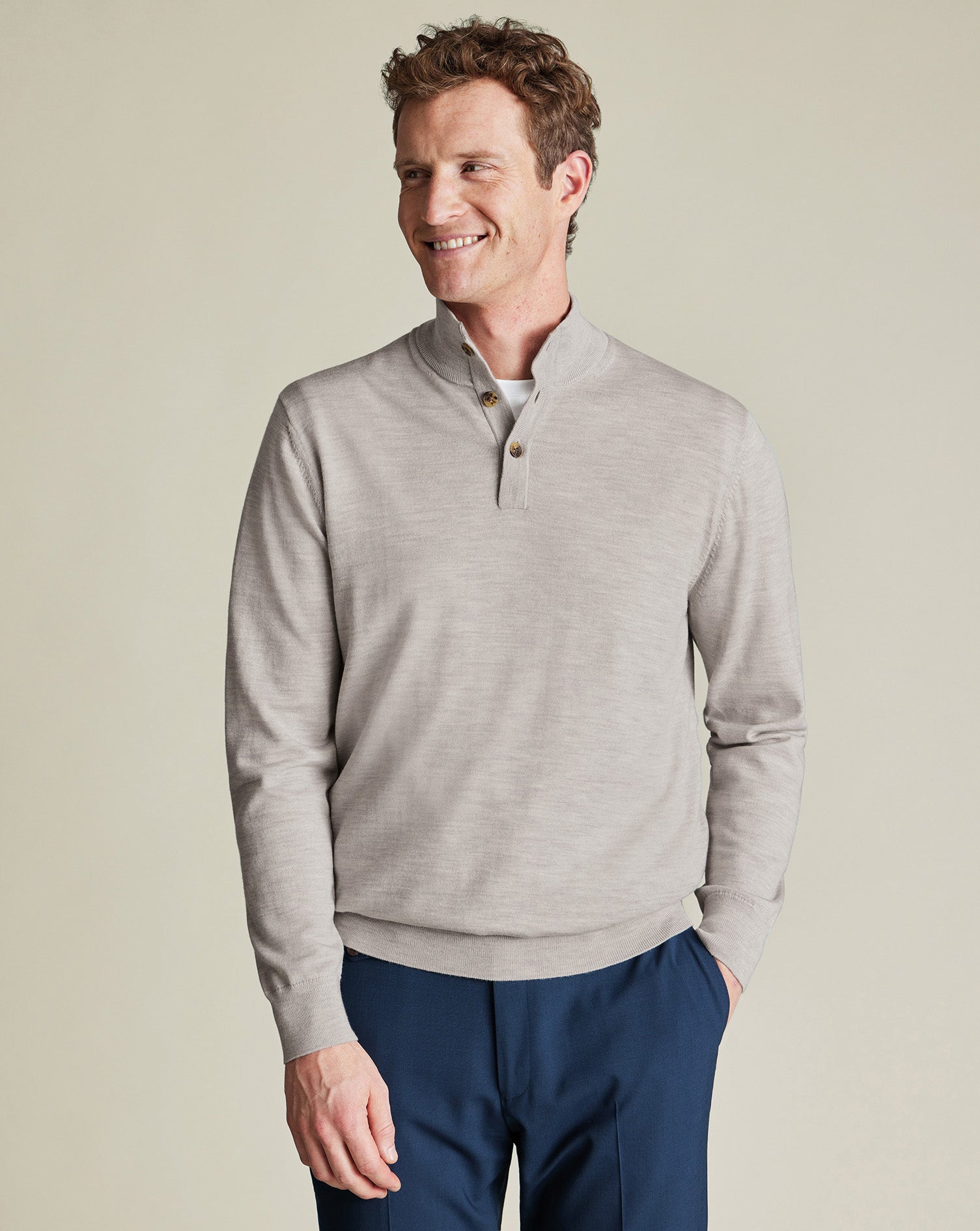 Pure Merino Button Neck Sweater - Silver Gray