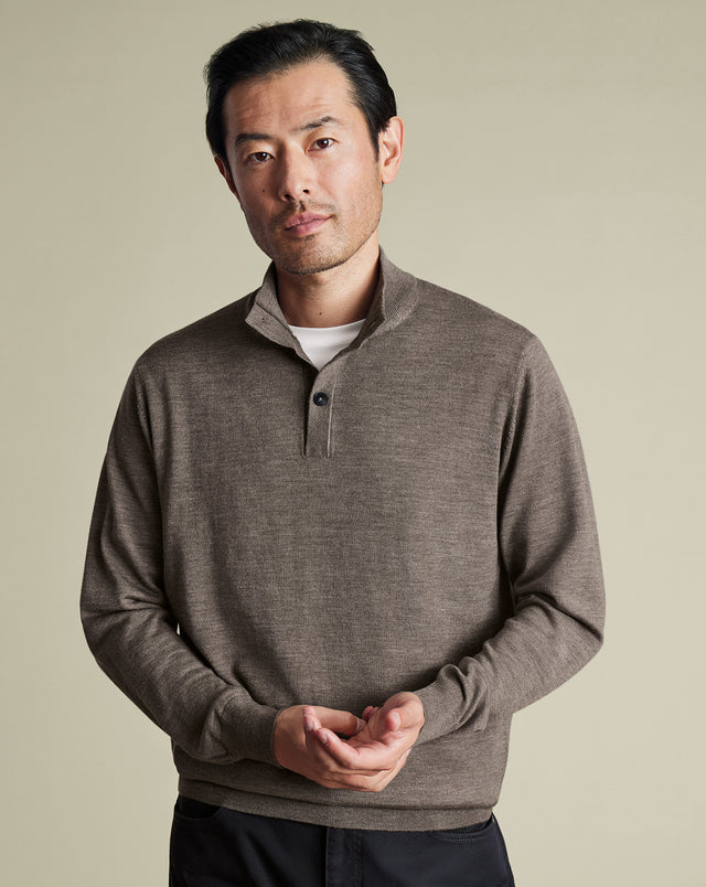 Pure Merino Button Neck Jumper - Mocha