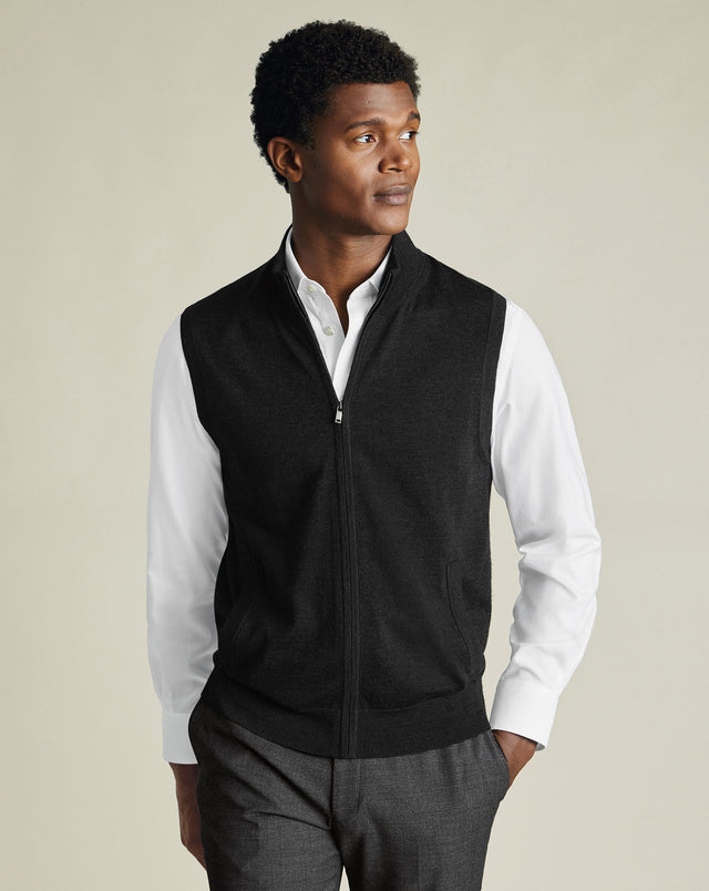 Pure Merino Zip Gilet - Charcoal
