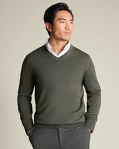 Pure Merino V-Neck Jumper - Olive Green