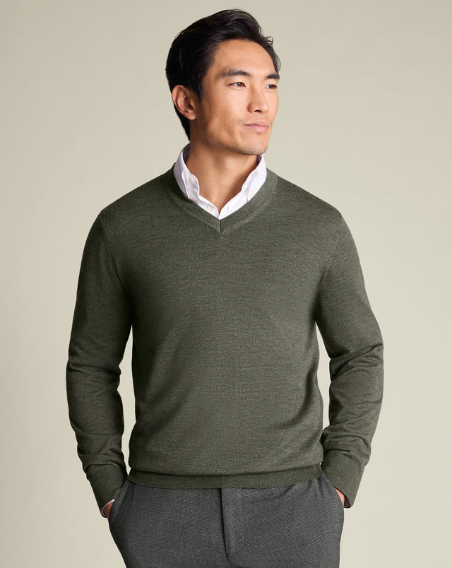 Pure Merino V-Neck Jumper - Olive Green