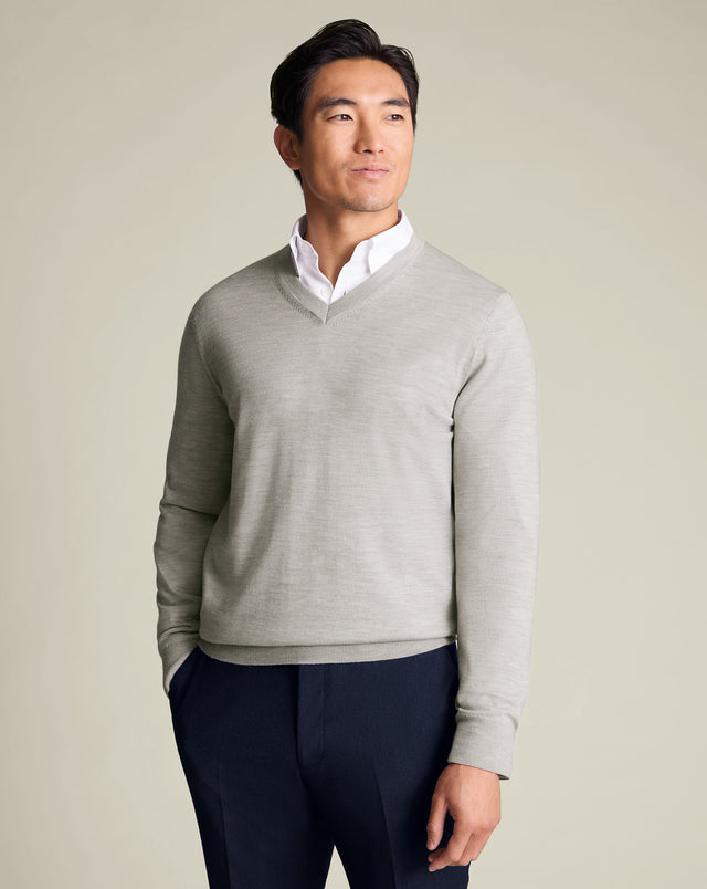 Pure Merino V-Neck Sweater - Silver Gray