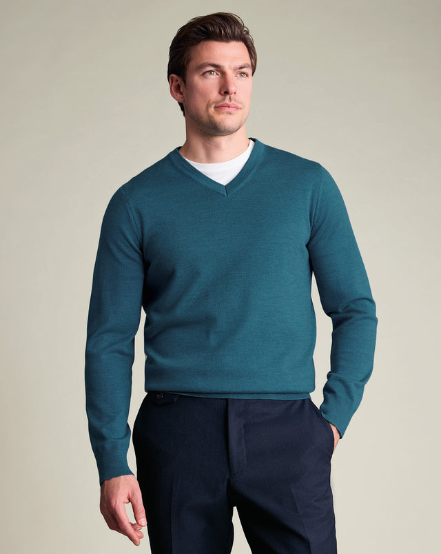 Pure Merino V-Neck Jumper - Teal