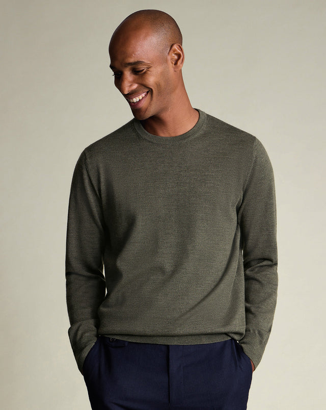 Pure Merino Crew Neck Jumper - Olive Green