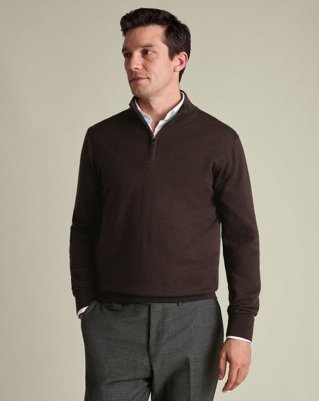 Pure Merino Zip Neck Jumper - Chocolate Brown