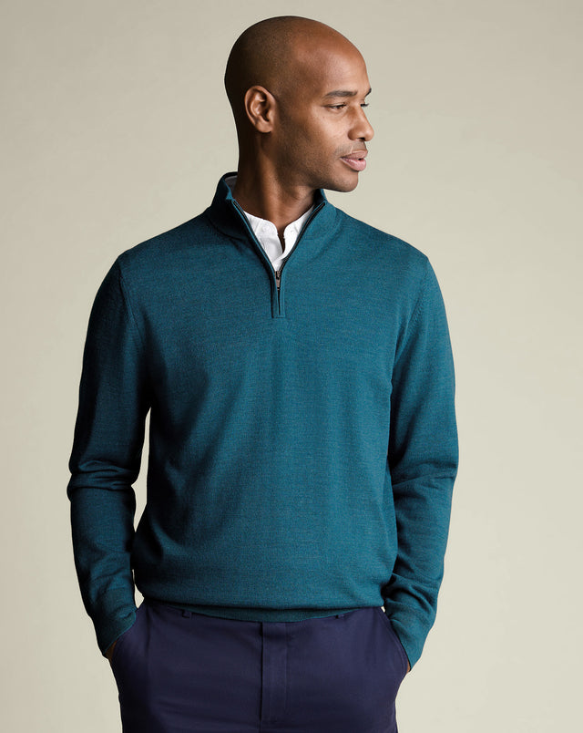 Pure Merino Zip Neck Jumper - Teal