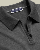 Pure Merino Zip Neck Knitted Polo Gray