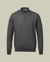 Pure Merino Zip Neck Knitted Polo Grey