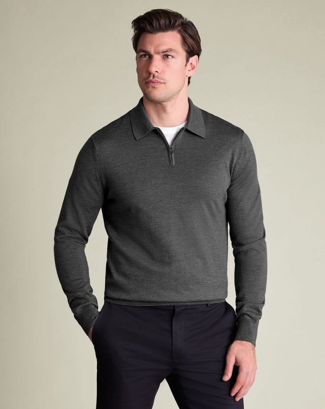 Pure Merino Zip Neck Knitted Polo - Gray