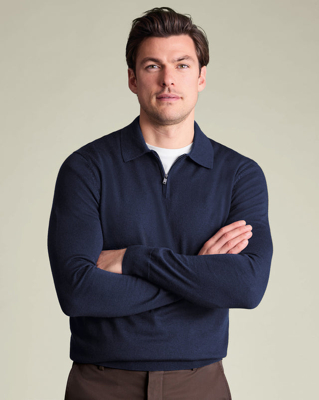 Pure Merino Zip Neck Knitted Polo - Navy