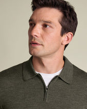 Pure Merino Zip Neck Knitted Polo Green