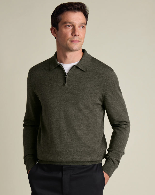 Pure Merino Zip Neck Knitted Polo - Olive Green