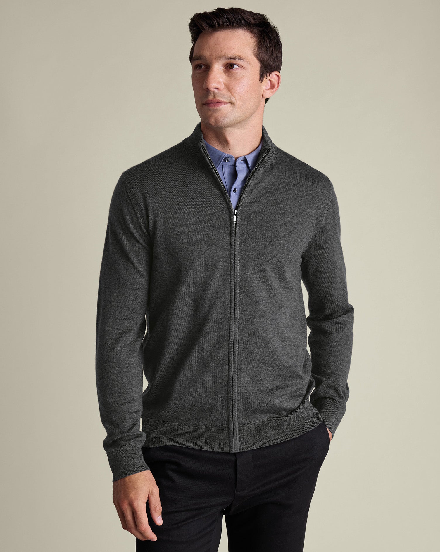 Pure Merino Full Zip Through Cardigan Gray