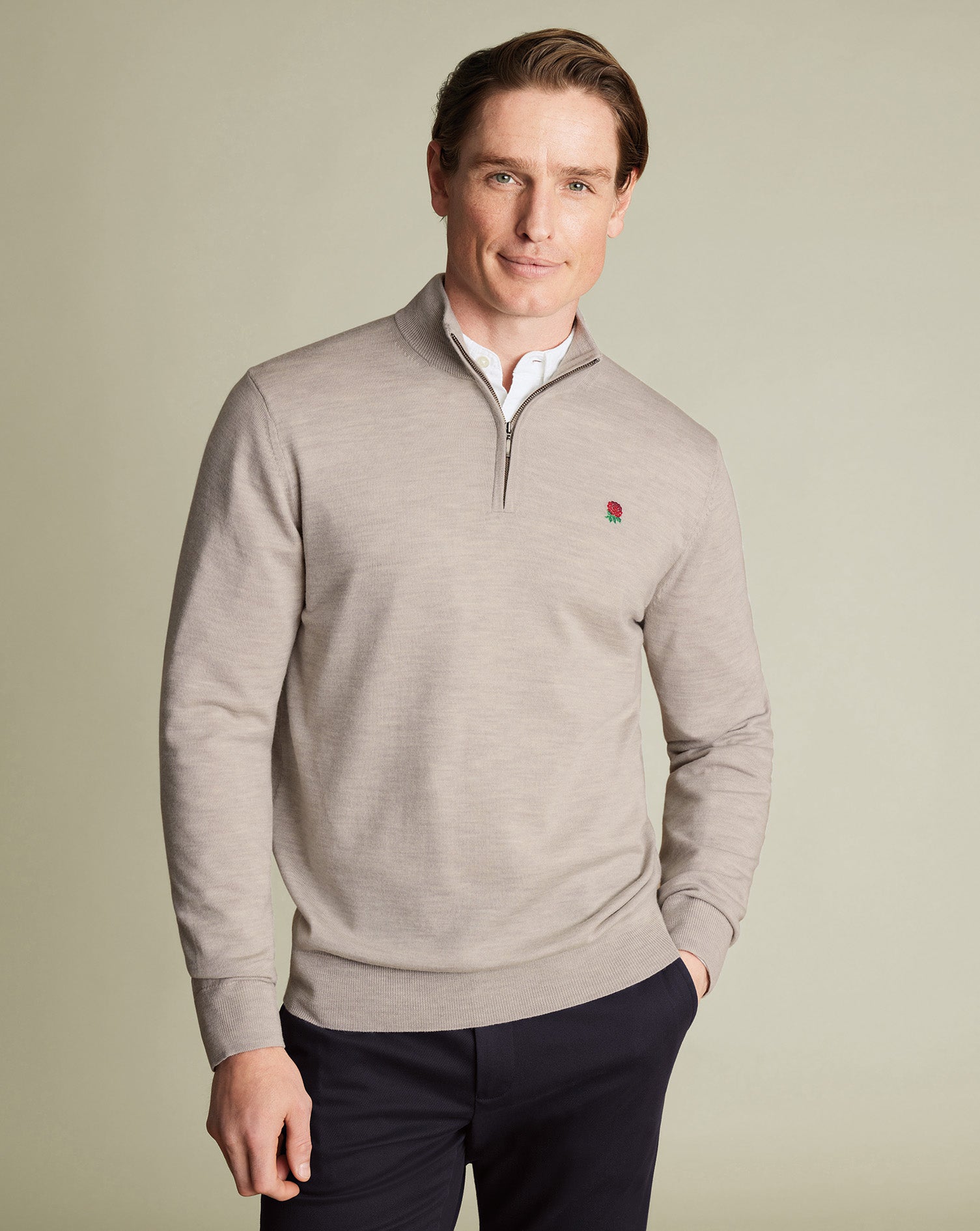 England Rugby Pure Merino Quarter Zip Sweater Limestone