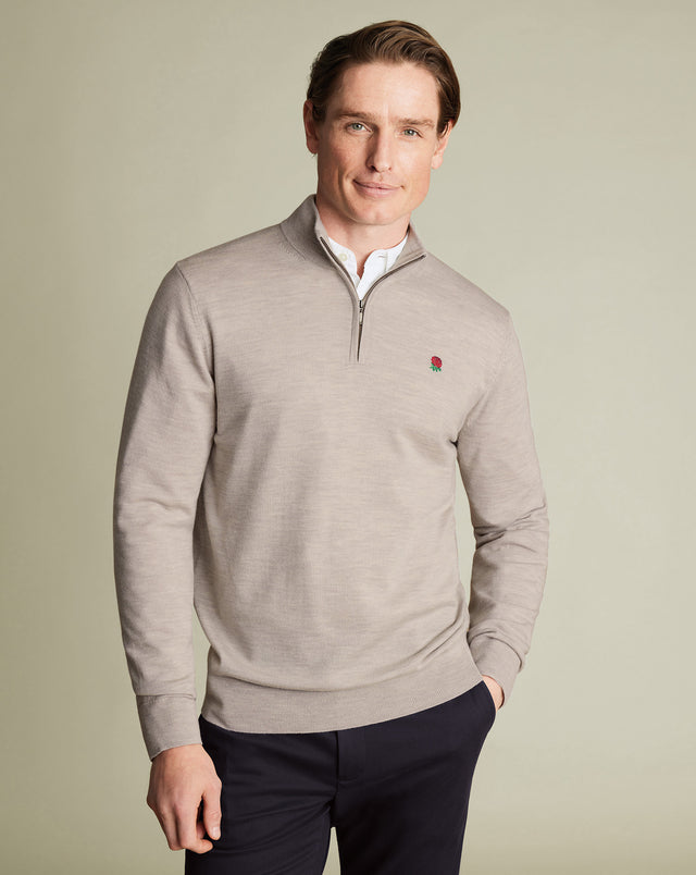 England Rugby Pure Merino Zip Neck Jumper - Limestone