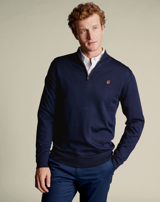 England Rugby Red Rose Pure Merino Zip Neck Jumper - Navy