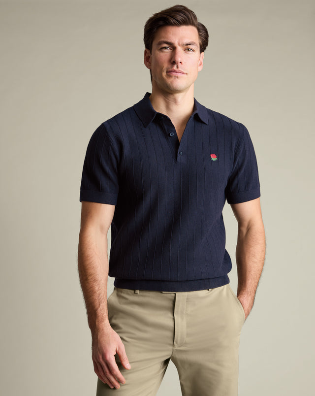 England Rugby Cotton Stripe Texture Knitted Polo – Navy