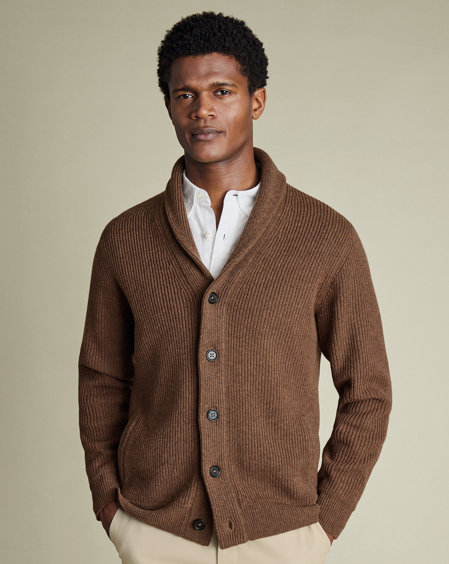Pure Merino Shawl Neck Chunky Cardigan - Toffee