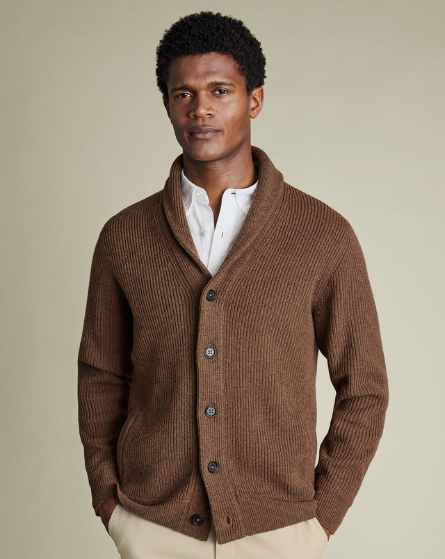 Pure Merino Shawl Neck Chunky Cardigan - Toffee