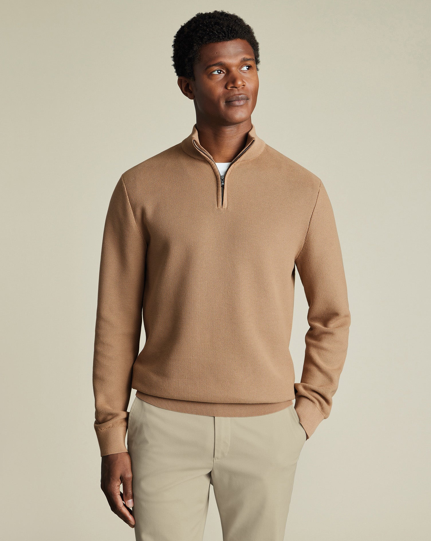 Honeycomb Cotton Zip Neck Jumper Camel