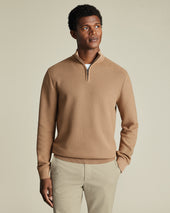 Honeycomb Cotton Zip Neck Jumper Camel