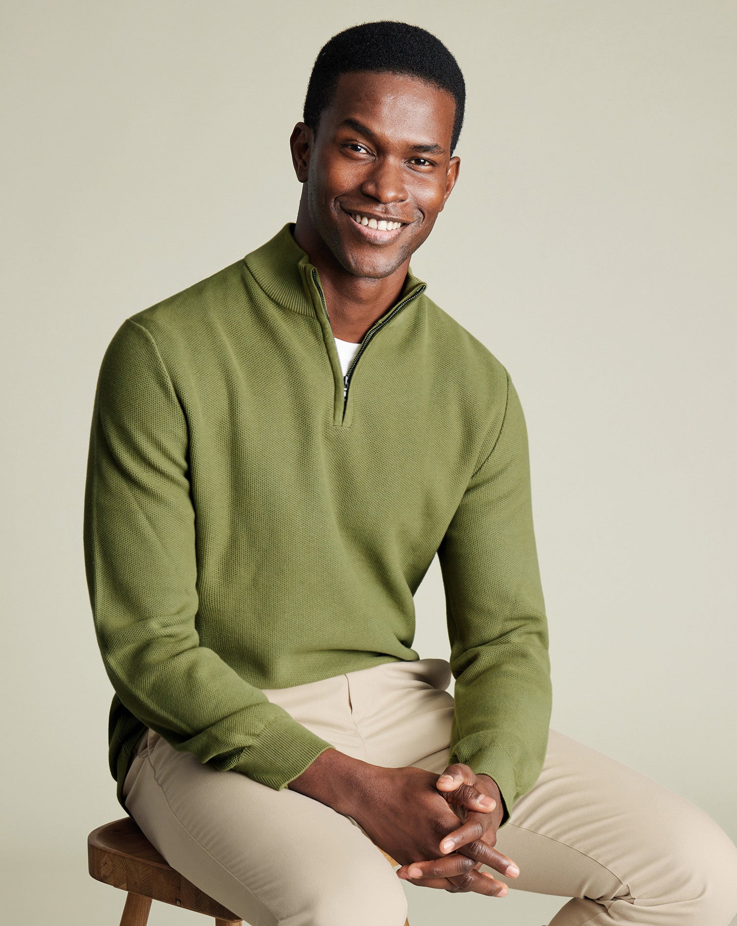 Honeycomb Cotton Quarter Zip Sweater - Moss Green