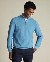 Honeycomb Cotton Zip Neck Jumper - Ocean Blue