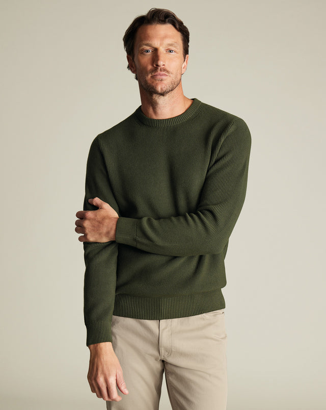 Cotton Rib Crew Neck Jumper - Olive