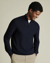 Honeycomb Cotton Zip Neck Jumper - Navy